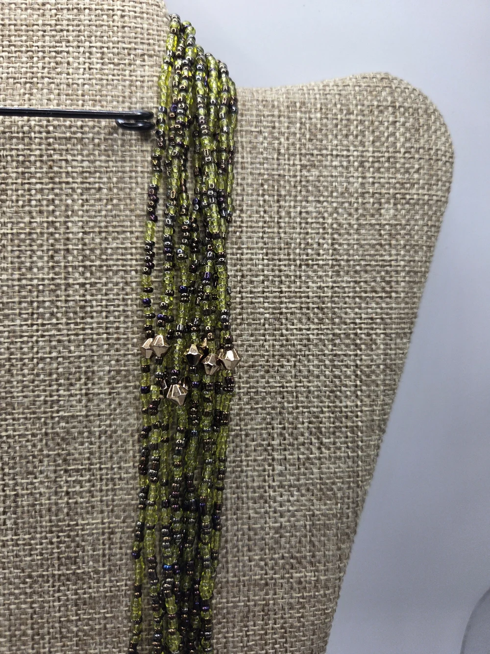 1599. Vintage Multi-Strand Olive Green Beaded Women's Necklace